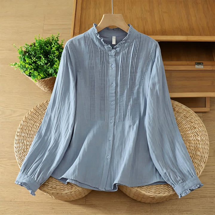 Buddha Stones Elegante vintage Overhemden met knoopsluiting en plooien, effen katoen, voor de Lange mouw . - Lichtstaalblauw - US12, UK/AU16, EU44 (2XL) - image 0