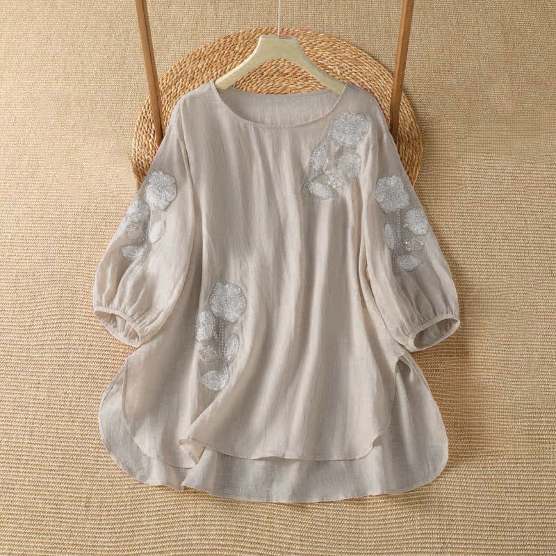Buddha Stones Zomers, casual, elegant T-shirt met witte bloemenprint en Ronde hals voor dames met Lange mouw. - MistyRoos - US14, UK/AU18, EU46 (2XL) - image 0