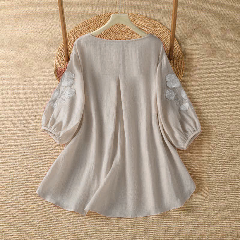 Buddha Stones Zomers, casual, elegant T-shirt met witte bloemenprint en Ronde hals voor dames met Lange mouw. - image 1