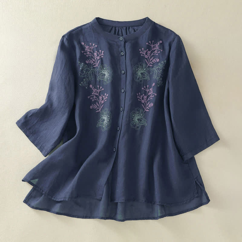 Buddha Stones Dames katoenen overhemd met borduursels, plooien, opstaande kraag, driekwartmouwen en split aan de zijkant. - Middernachtblauw - US8-10，UK/AU12-14，EU40-42 (2XL) - image 0