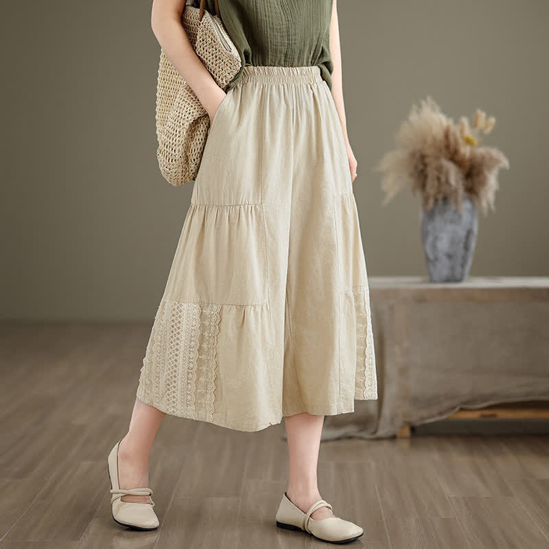 Buddha Stones Casual, effen, kanten, Cropped broek met wijde pijpen en Zakken voor dames, gemaakt van katoen en linnen. - Beige - US8-10，UK/AU12-14，EU40-42 (2XL) - image 0