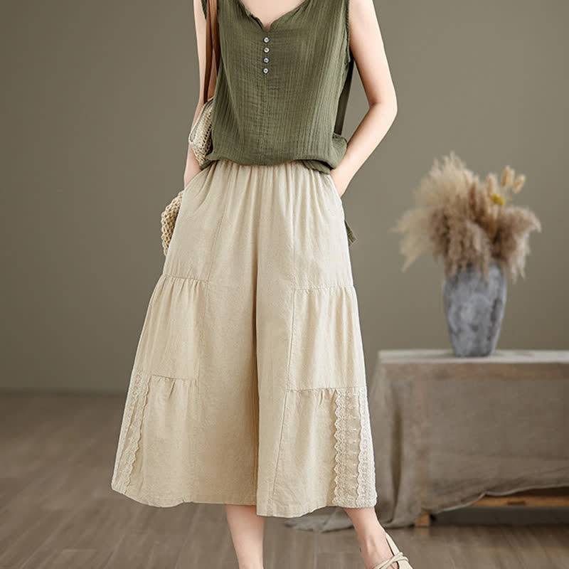 Buddha Stones Casual, effen, kanten, Cropped broek met wijde pijpen en Zakken voor dames, gemaakt van katoen en linnen. - image 1