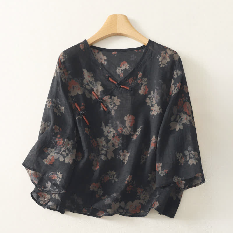 Buddha Stones Zomerse Tang Style Vintage V-hals met kikkerknopen en bloemenprint, Overhemden met Mouw tot de elleboog - Zwart - US12, UK/AU16, EU44 (3XL) - image 0