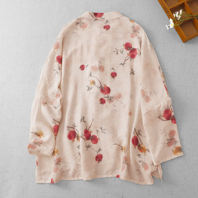 Buddha Stones Zomerse Tang Style Vintage T-Overhemden met Lange mouw voor dames met kikkerknopen en granaatappelprint - image 1