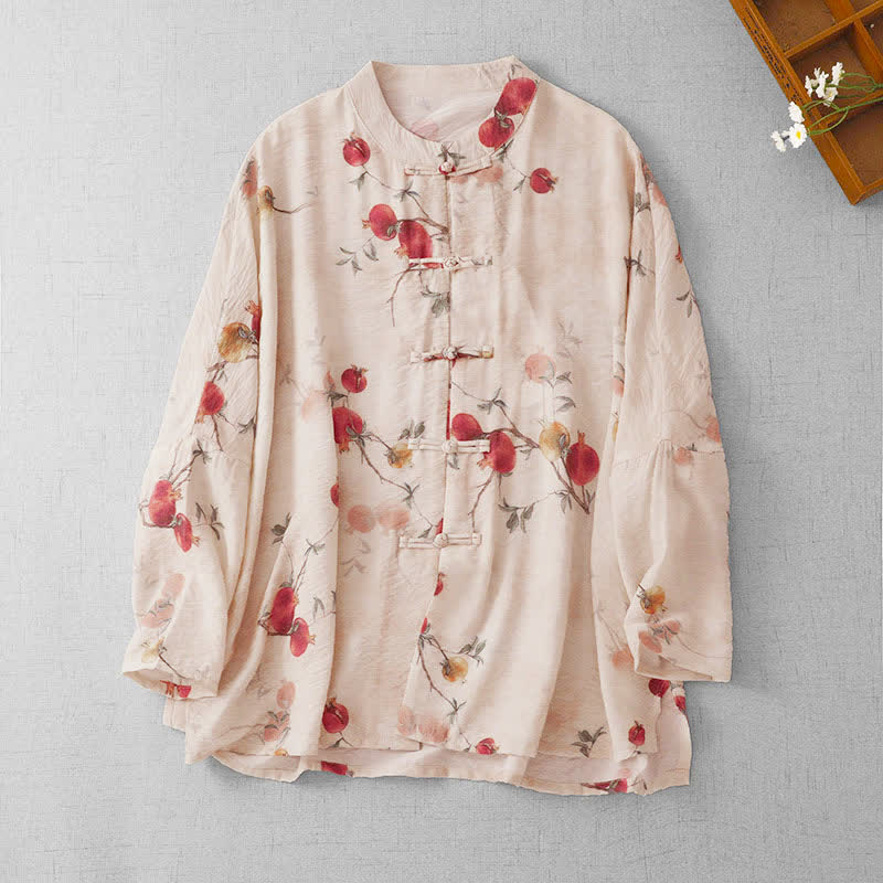 Buddha Stones Zomerse Tang Style Vintage T-Overhemden met Lange mouw voor dames met kikkerknopen en granaatappelprint - Beige - US14, UK/AU18, EU46 (2XL) - image 0