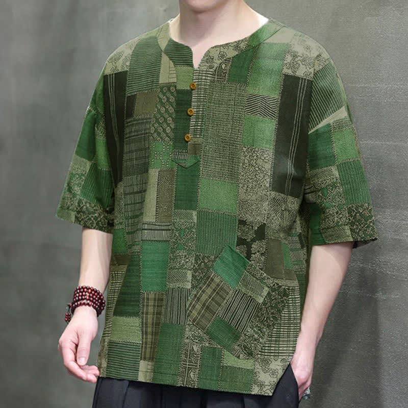Buddha Stones Zomerse casual boho patchwork geruite Overhemden met Korte mouw en opgestikte zak - image 6