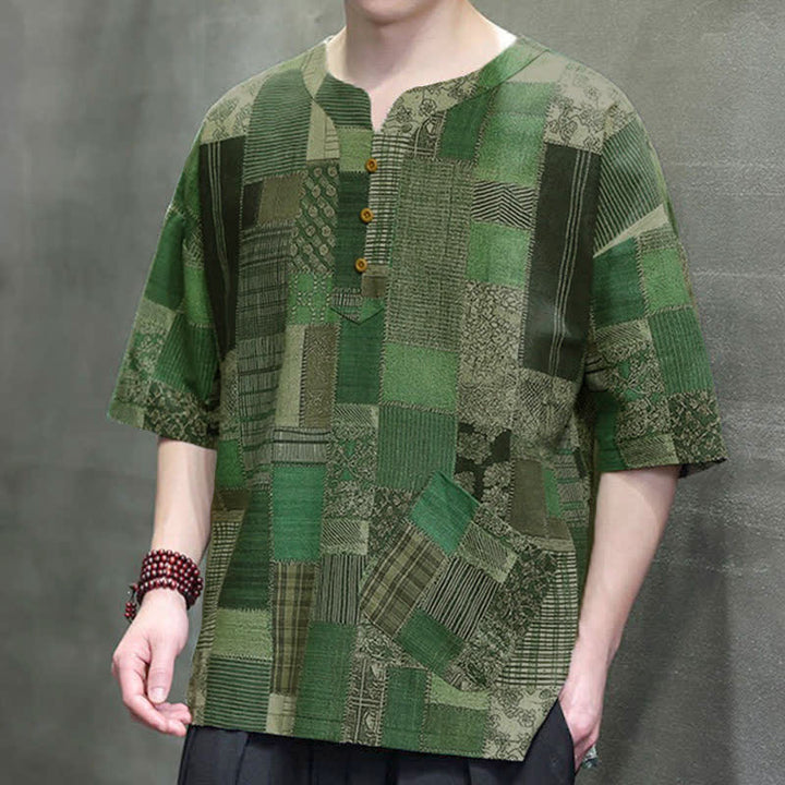 Buddha Stones Zomerse casual boho patchwork geruite Overhemden met Korte mouw en opgestikte zak - image 6