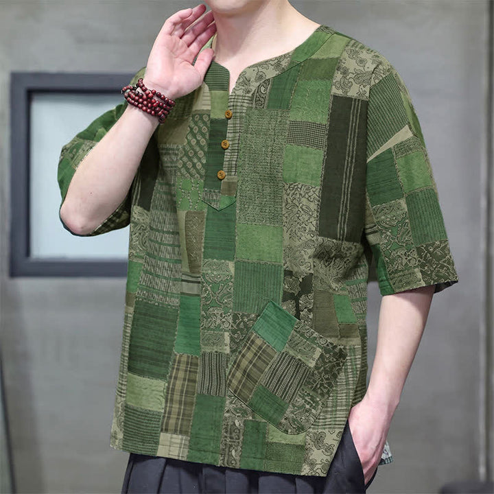 Buddha Stones Zomerse casual boho patchwork geruite Overhemden met Korte mouw en opgestikte zak - image 1