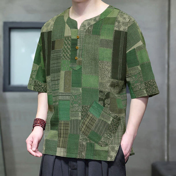 Buddha Stones Zomerse casual boho patchwork geruite Overhemden met Korte mouw en opgestikte zak - Bosgroen - US/UK/AU46, EU56 (5XL) - image 0