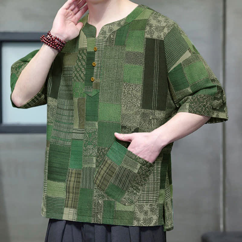 Buddha Stones Zomerse casual boho patchwork geruite Overhemden met Korte mouw en opgestikte zak - image 5