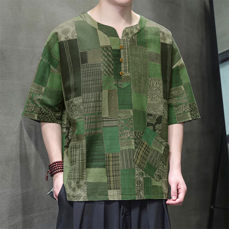Buddha Stones Zomerse casual boho patchwork geruite Overhemden met Korte mouw en opgestikte zak - image 2