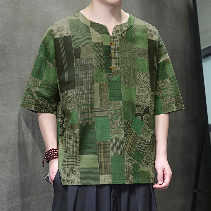 Buddha Stones Zomerse casual boho patchwork geruite Overhemden met Korte mouw en opgestikte zak - image 2