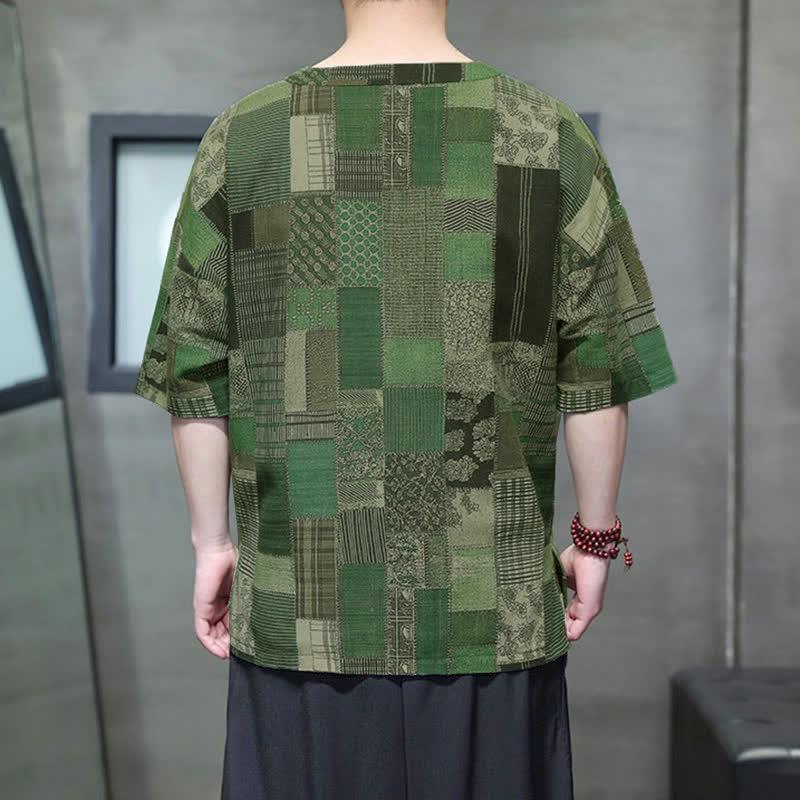 Buddha Stones Zomerse casual boho patchwork geruite Overhemden met Korte mouw en opgestikte zak - image 4