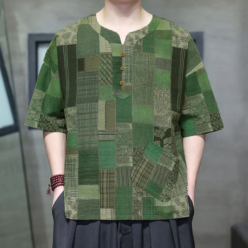 Buddha Stones Zomerse casual boho patchwork geruite Overhemden met Korte mouw en opgestikte zak - image 3