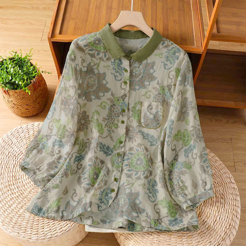 Buddha Stones Casual vintage Overhemden met Lange mouw en bloemenprint, geschikt voor de lente/zomer, met zakje. - Donkerzeegroen - US8-10, UK/AU12-14, EU40-42 (2XL) - image 0