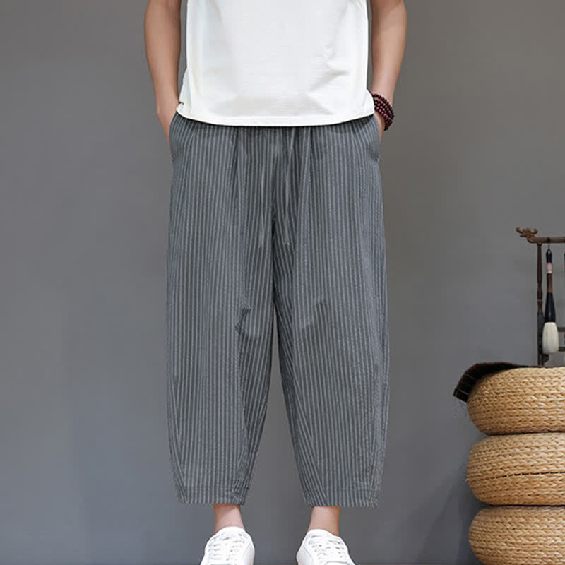 Buddha Stones Zomerse casual minimalistische capri broek met trekkoord, gestreepte katoen-linnen details, taps toelopende herenbroek met zak - image 1