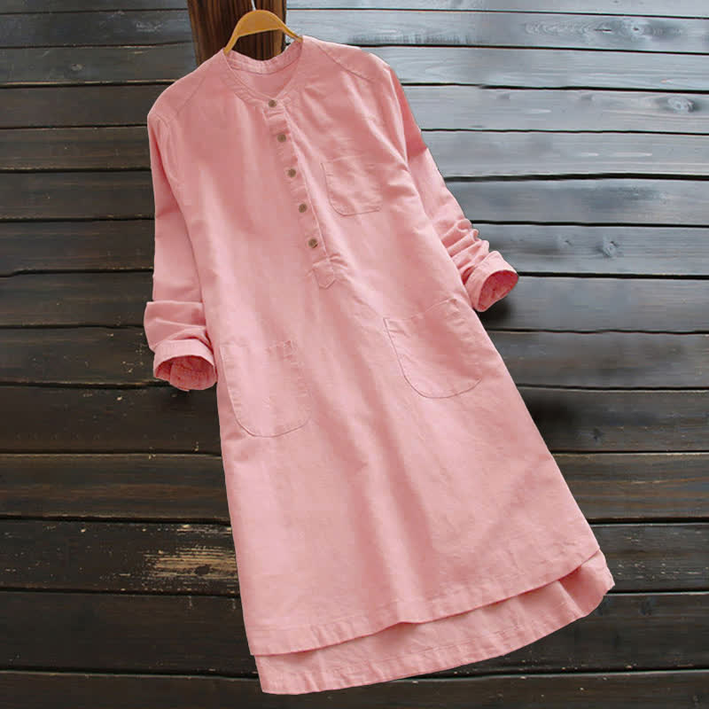 Buddha Stones Damesblouse met Lange mouw, effen knoopsluiting en Zakken - Roze - US16, UK/AU20, EU48 (5XL) - image 5