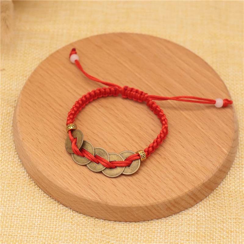 Buddha Stones Koperen munt geluksarmband met rood Armband - Vijf koperen munten (Armband 14-20 Maat ) - image 5