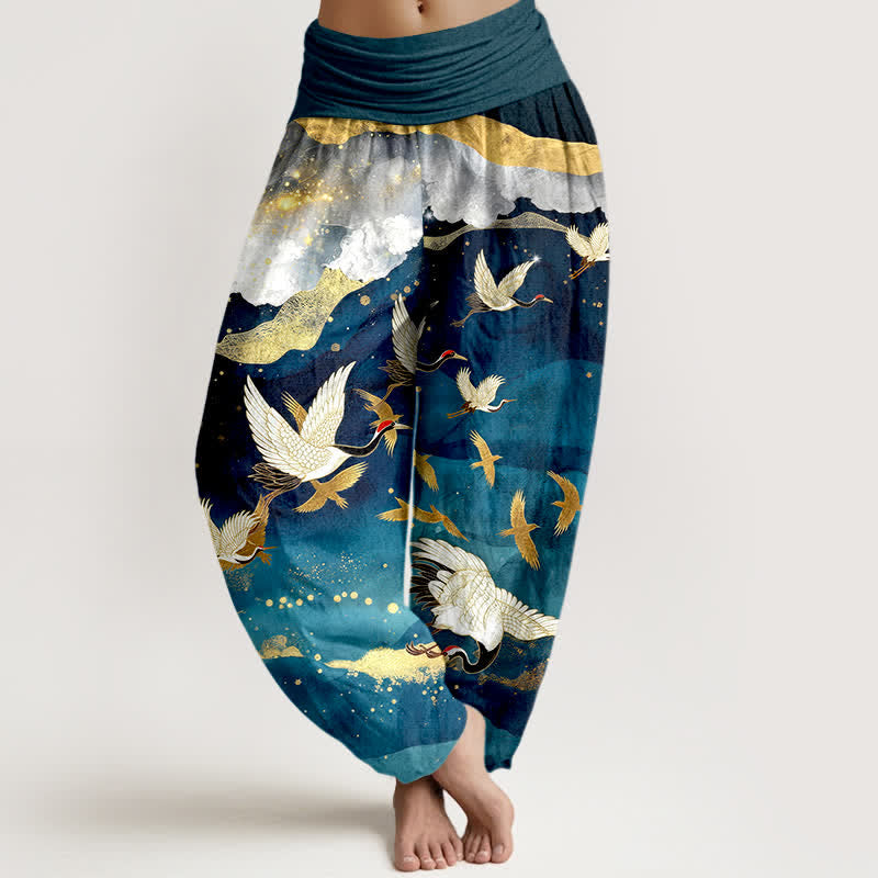 Buddha Stones Dames harembroek met elastische Taille en vliegende kraanvogel- en gouden wolkenpatroon. - Teal - US16, UK/AU20, EU48 (3XL) - image 0