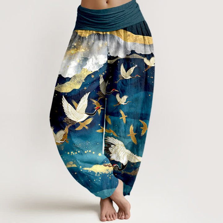 Buddha Stones Dames harembroek met elastische Taille en vliegende kraanvogel- en gouden wolkenpatroon. - Teal - US16, UK/AU20, EU48 (3XL) - image 0