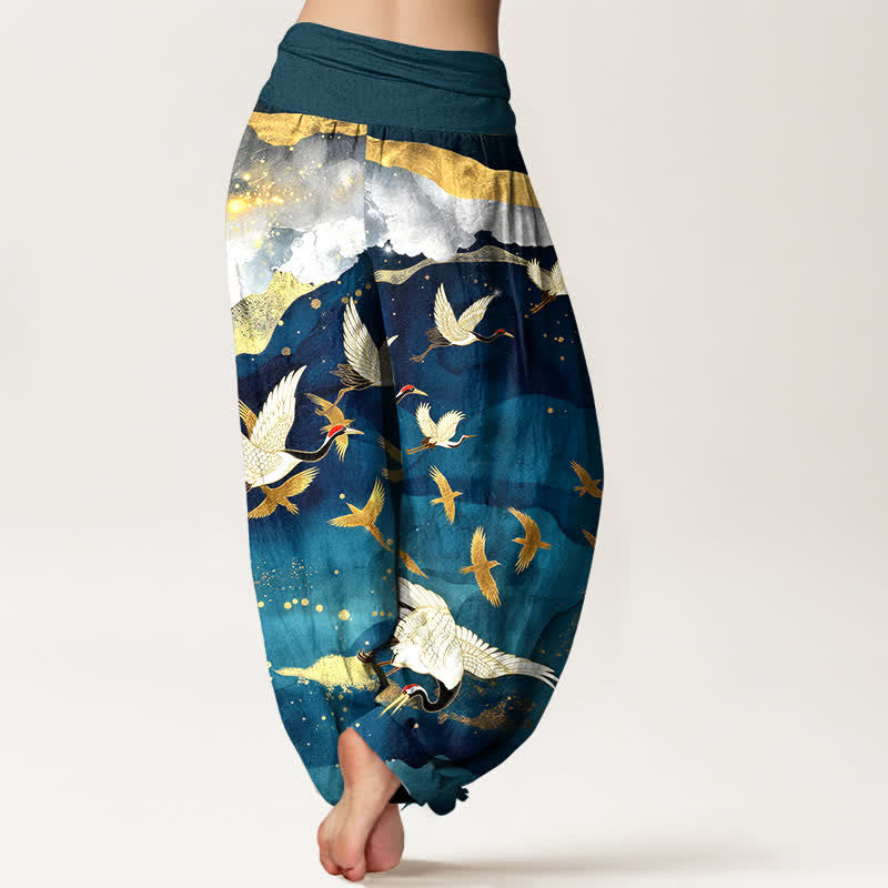 Buddha Stones Dames harembroek met elastische Taille en vliegende kraanvogel- en gouden wolkenpatroon. - image 2