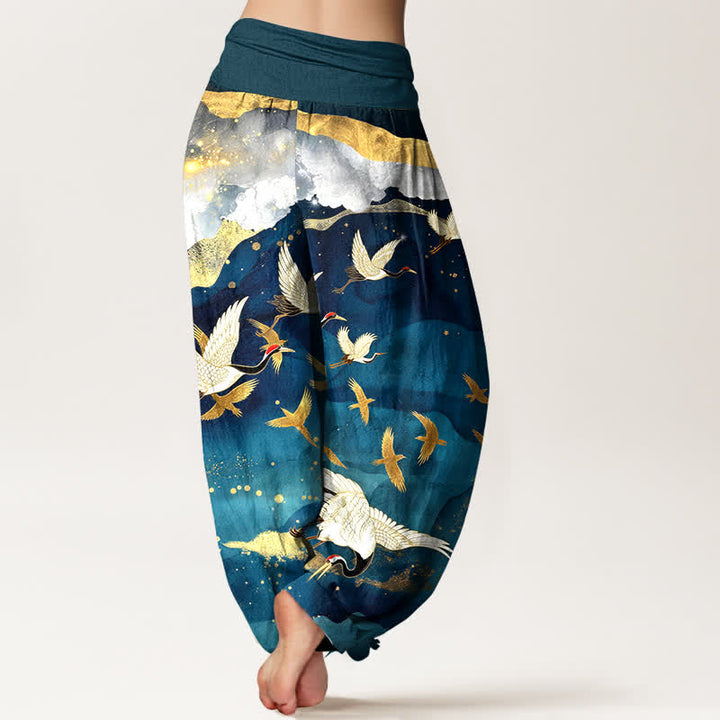 Buddha Stones Dames harembroek met elastische Taille en vliegende kraanvogel- en gouden wolkenpatroon. - image 2