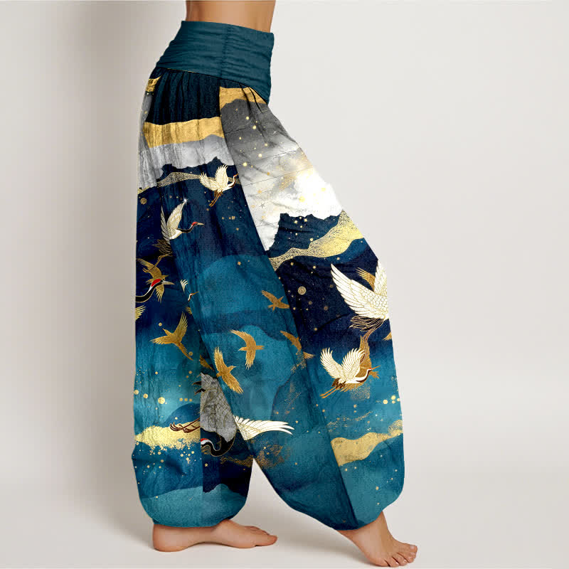 Buddha Stones Dames harembroek met elastische Taille en vliegende kraanvogel- en gouden wolkenpatroon. - image 1