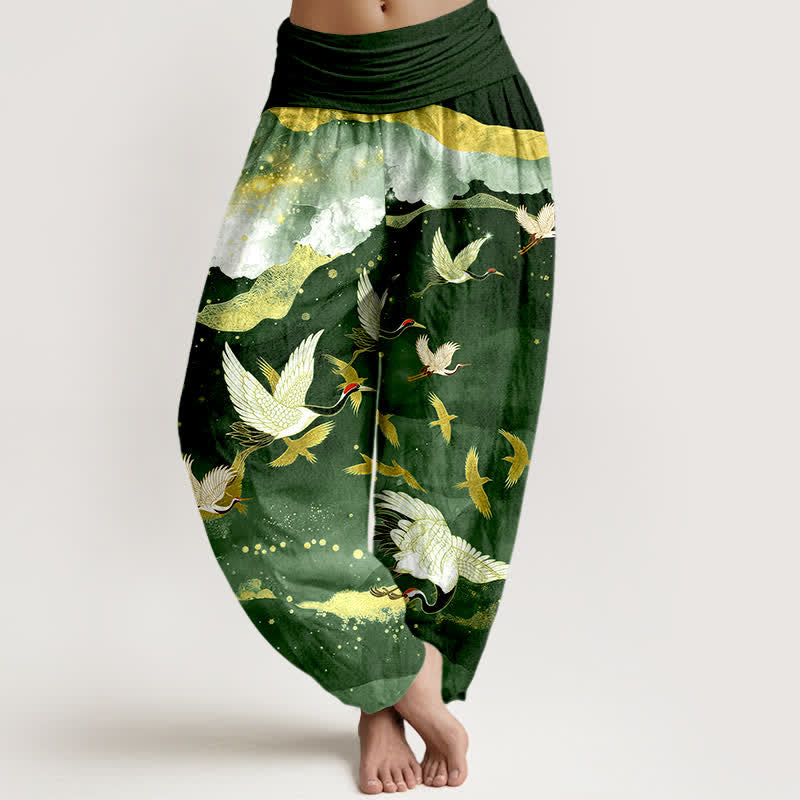 Buddha Stones Dames harembroek met elastische Taille en vliegende kraanvogel- en gouden wolkenpatroon. - Donkergroen - US16, UK/AU20, EU48 (3XL) - image 5