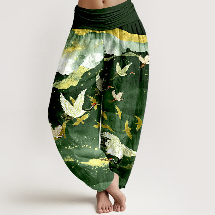 Buddha Stones Dames harembroek met elastische Taille en vliegende kraanvogel- en gouden wolkenpatroon. - Donkergroen - US16, UK/AU20, EU48 (3XL) - image 5