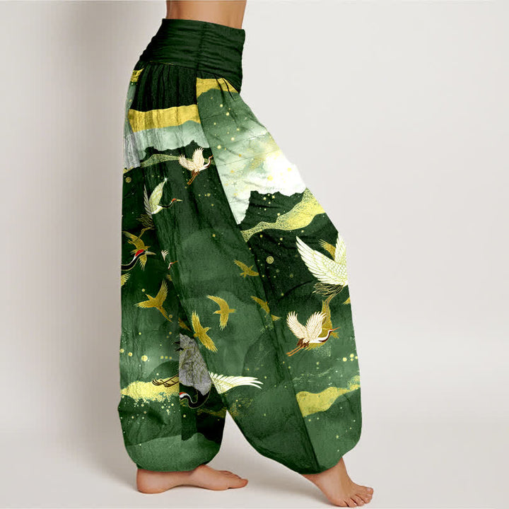 Buddha Stones Dames harembroek met elastische Taille en vliegende kraanvogel- en gouden wolkenpatroon. - image 6