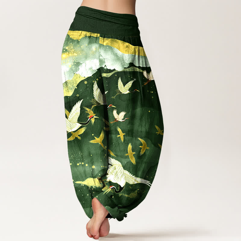 Buddha Stones Dames harembroek met elastische Taille en vliegende kraanvogel- en gouden wolkenpatroon. - image 7