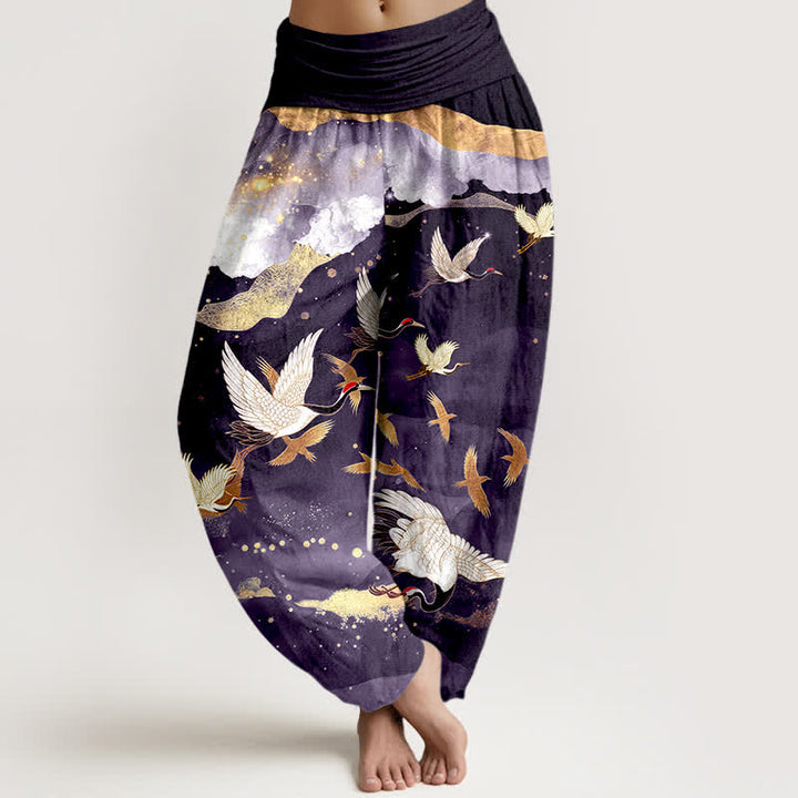 Buddha Stones Dames harembroek met elastische Taille en vliegende kraanvogel- en gouden wolkenpatroon. - Indigo - US16, UK/AU20, EU48 (3XL) - image 8