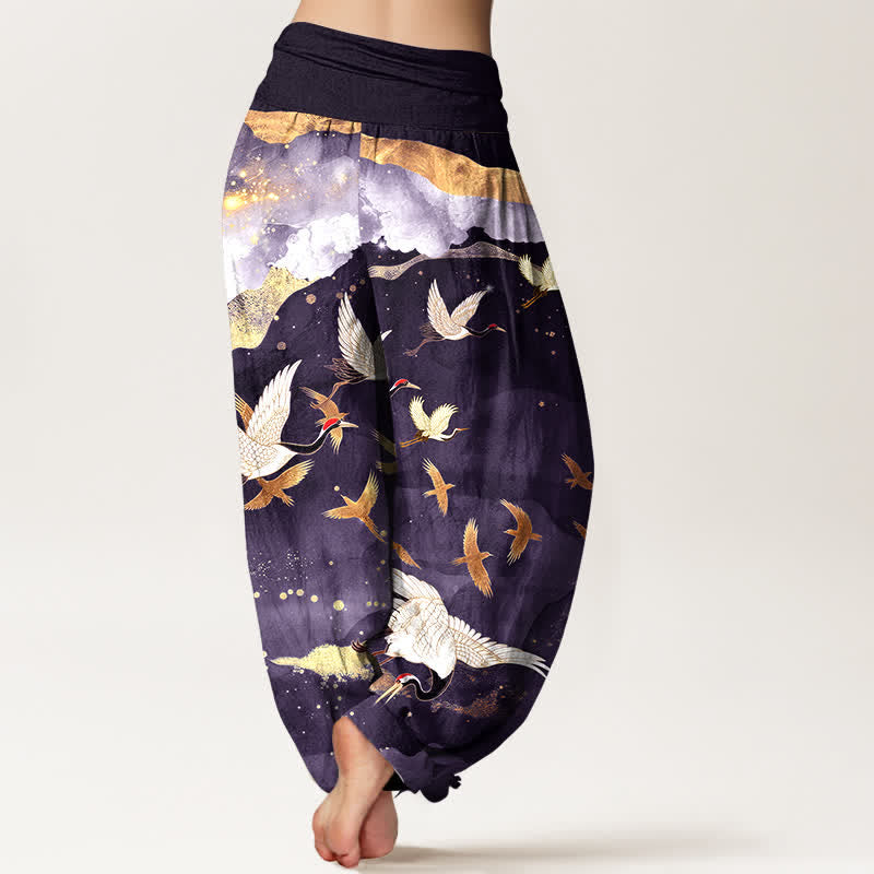 Buddha Stones Dames harembroek met elastische Taille en vliegende kraanvogel- en gouden wolkenpatroon. - image 10