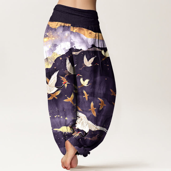 Buddha Stones Dames harembroek met elastische Taille en vliegende kraanvogel- en gouden wolkenpatroon. - image 10
