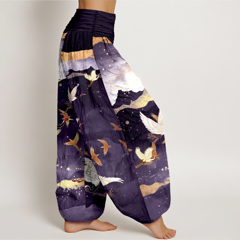 Buddha Stones Dames harembroek met elastische Taille en vliegende kraanvogel- en gouden wolkenpatroon. - image 9