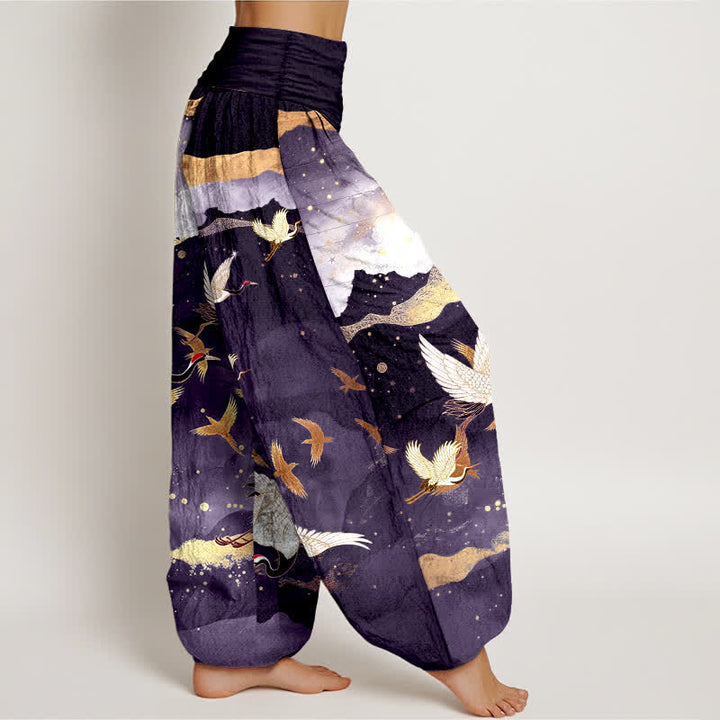 Buddha Stones Dames harembroek met elastische Taille en vliegende kraanvogel- en gouden wolkenpatroon. - image 9