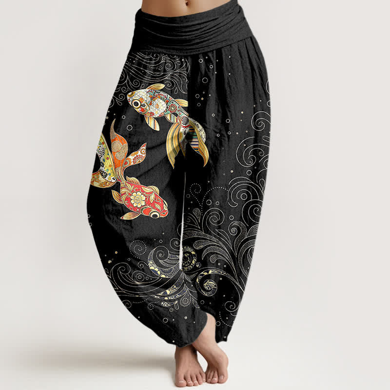 Buddha Stones Dames harembroek met elastische Taille en koi-visprint - Zwart - US16, UK/AU20, EU48 (3XL) - image 0
