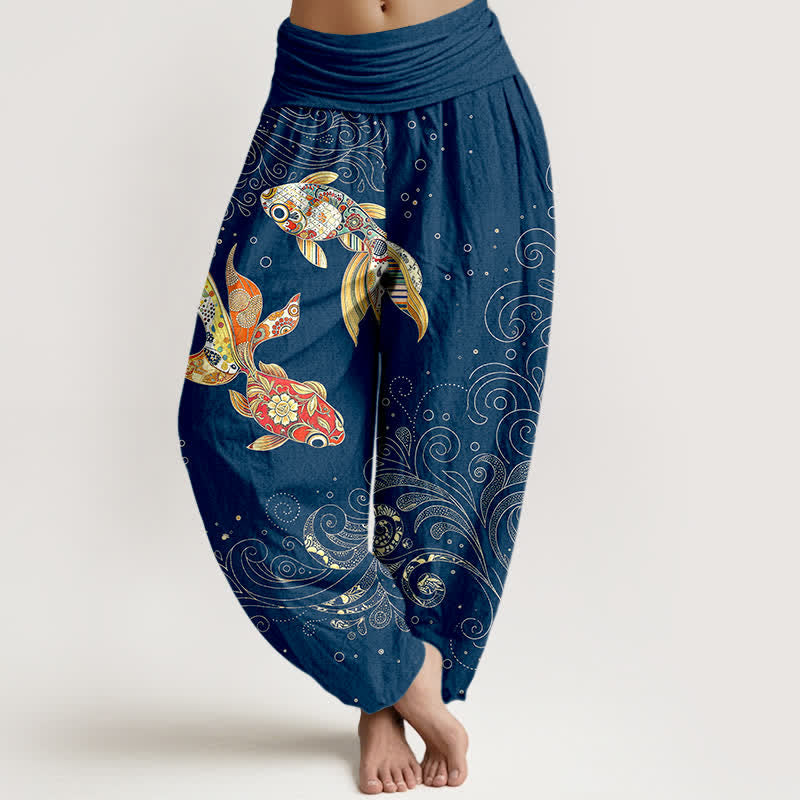 Buddha Stones Dames harembroek met elastische Taille en koi-visprint - Marine - US16, UK/AU20, EU48 (3XL) - image 5