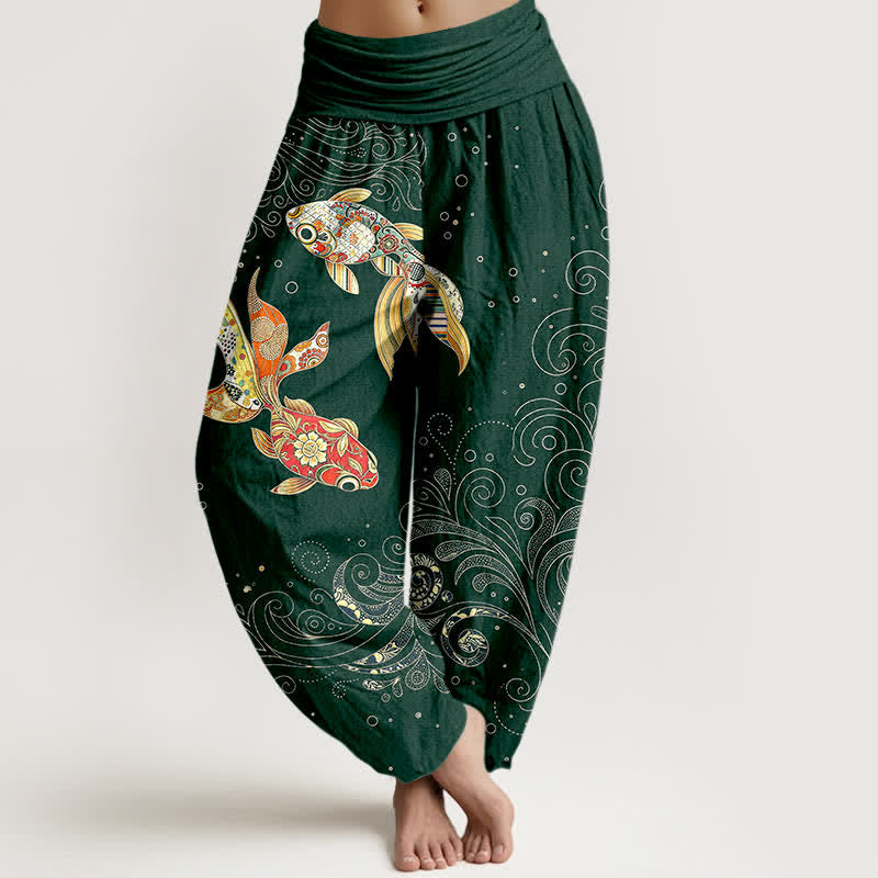 Buddha Stones Dames harembroek met elastische Taille en koi-visprint - Donkergroen - US16, UK/AU20, EU48 (3XL) - image 8