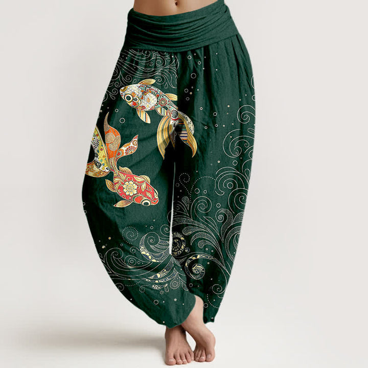 Buddha Stones Dames harembroek met elastische Taille en koi-visprint - Donkergroen - US16, UK/AU20, EU48 (3XL) - image 8
