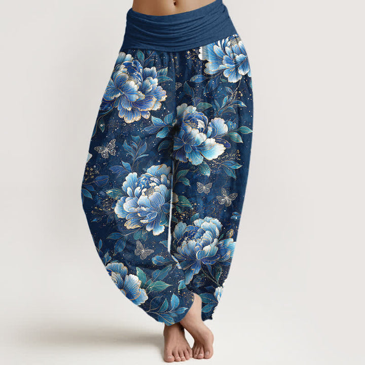 Buddha Stones Dames harembroek met elastische Taille en pioenrozen- en vlinderprint. - Marine - US16, UK/AU20, EU48 (3XL) - image 0