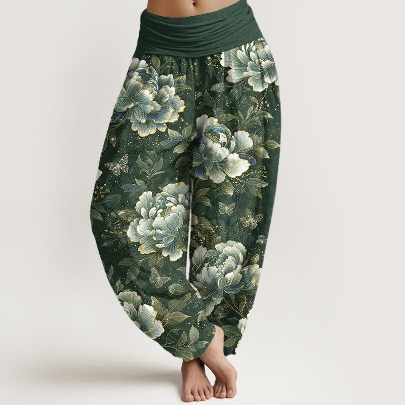 Buddha Stones Dames harembroek met elastische Taille en pioenrozen- en vlinderprint. - Zeegroen - US16, UK/AU20, EU48 (3XL) - image 8