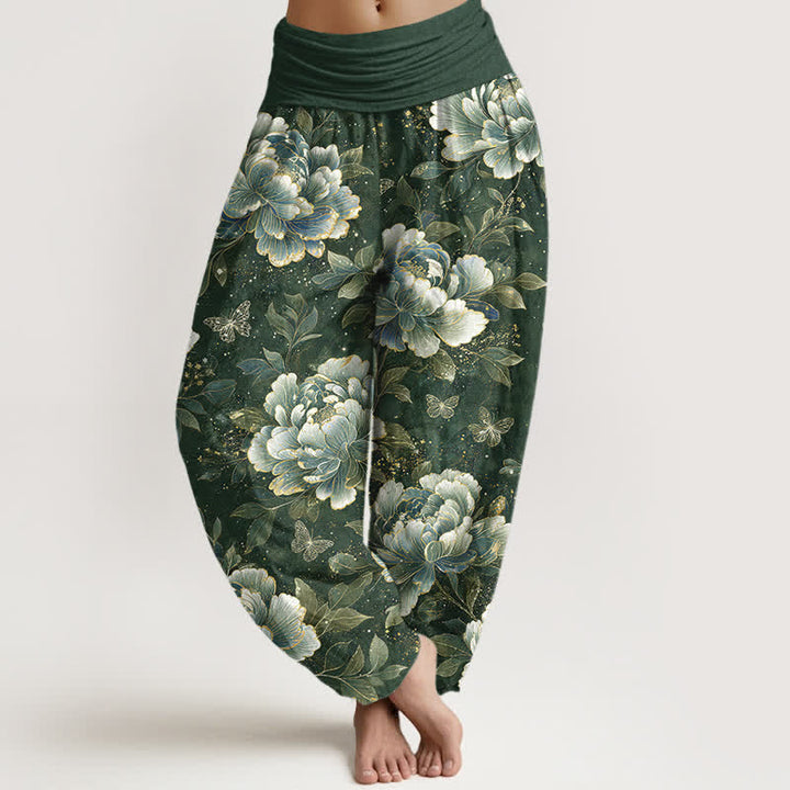 Buddha Stones Dames harembroek met elastische Taille en pioenrozen- en vlinderprint. - Zeegroen - US16, UK/AU20, EU48 (3XL) - image 8