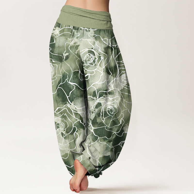 Buddha Stones Witte katoenen harembroek met rozenpatroon en elastische Taille voor dames - image 2