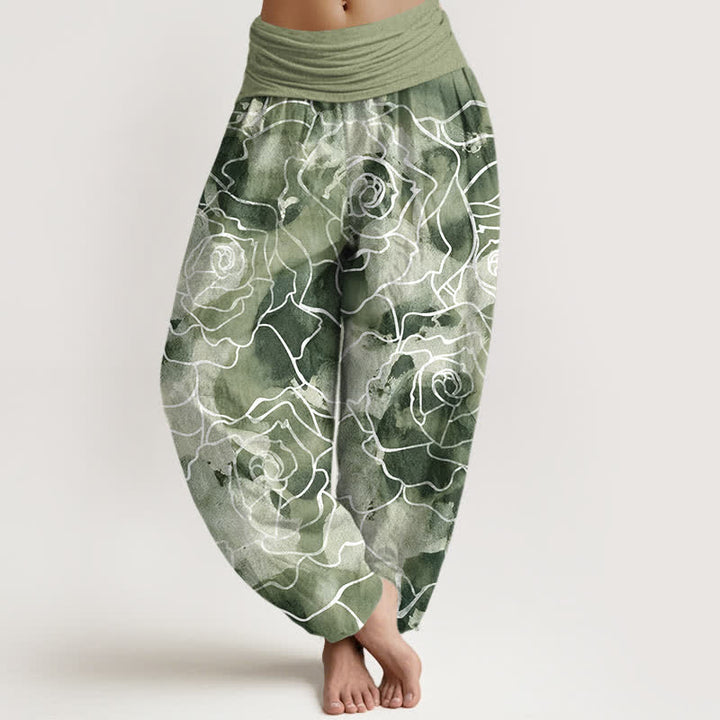 Buddha Stones Witte katoenen harembroek met rozenpatroon en elastische Taille voor dames - Donkerzeegroen - US16, UK/AU20, EU48 (3XL) - image 0
