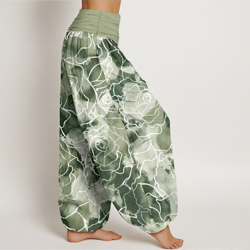 Buddha Stones Witte katoenen harembroek met rozenpatroon en elastische Taille voor dames - image 1