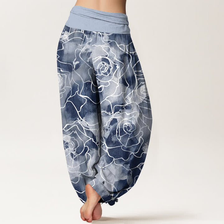 Buddha Stones Witte katoenen harembroek met rozenpatroon en elastische Taille voor dames - image 7