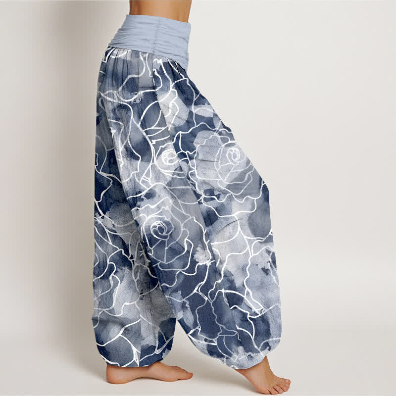 Buddha Stones Witte katoenen harembroek met rozenpatroon en elastische Taille voor dames - image 6