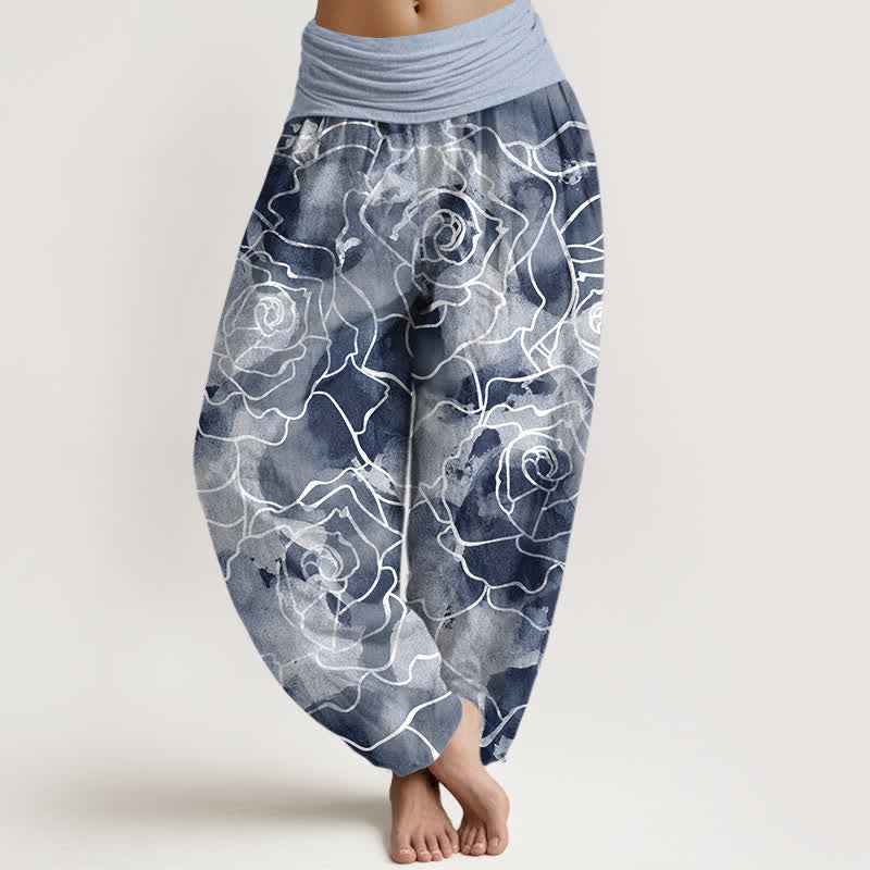 Buddha Stones Witte katoenen harembroek met rozenpatroon en elastische Taille voor dames - Lichtblauw - US16, UK/AU20, EU48 (3XL) - image 5