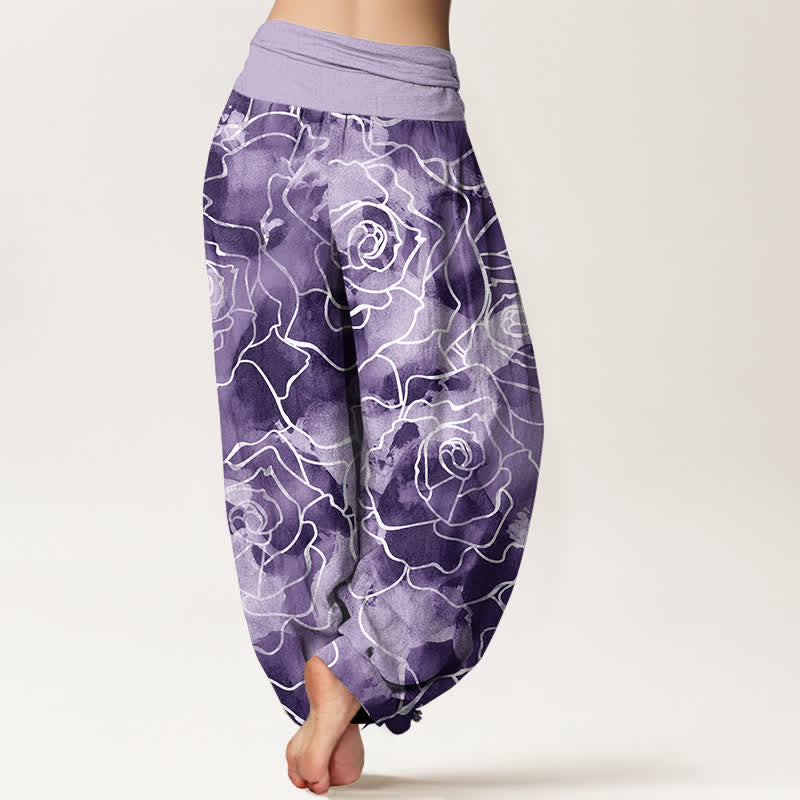 Buddha Stones Witte katoenen harembroek met rozenpatroon en elastische Taille voor dames - image 10
